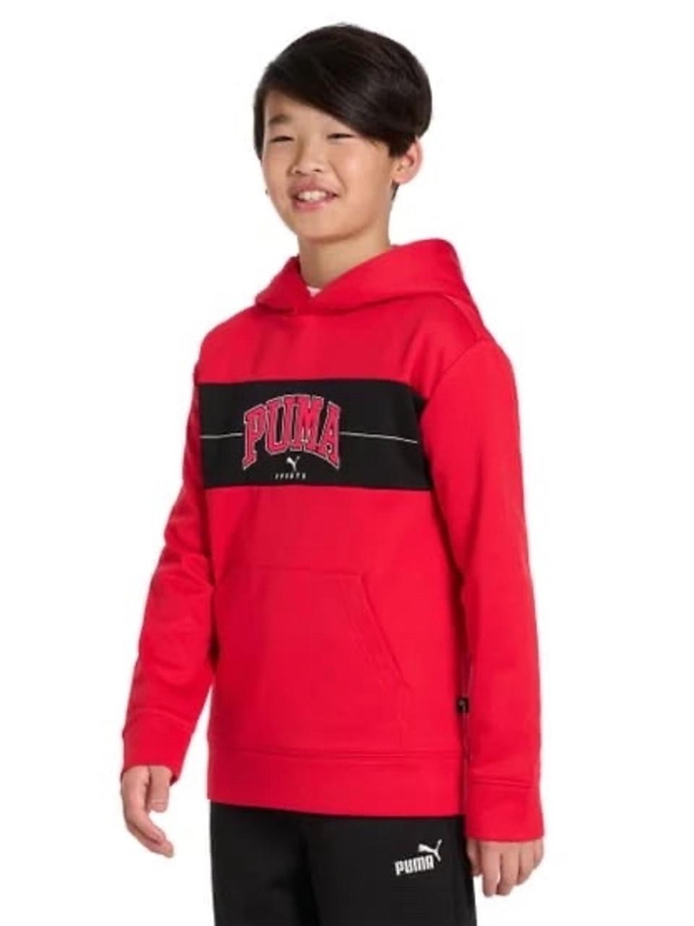 Puma Red Youth Tech Hoodie with Black Chest Panel and Logo